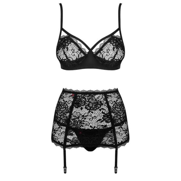 Obsessive - Peonesia Lingerie Set - Met Jarretelles - Kant - Zwart - Afbeelding 3