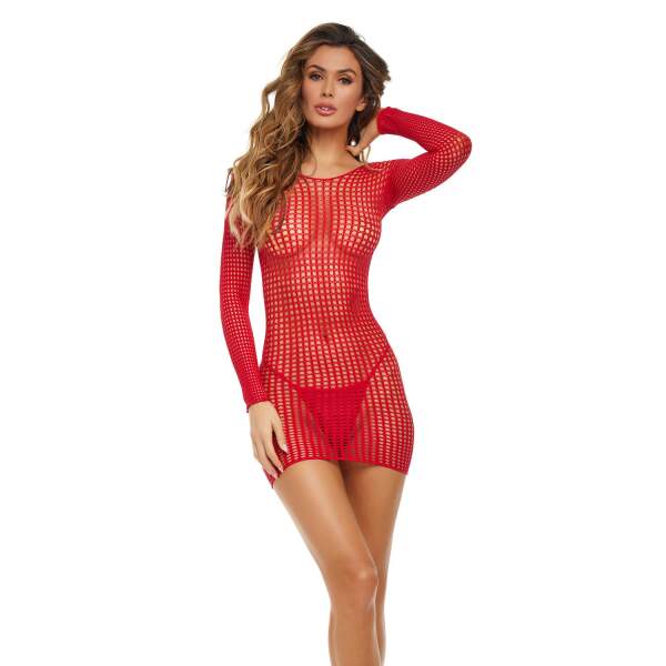 Rene Rofe - Visnet Bodystocking Jurkje - Lange mouw - Rood