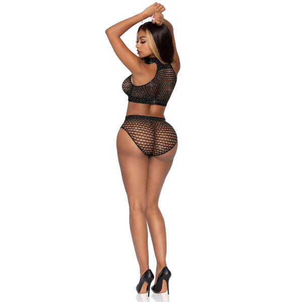Leg Avenue - Set Crop Top met Shorty - Net - Strass - Zwart - Afbeelding 2