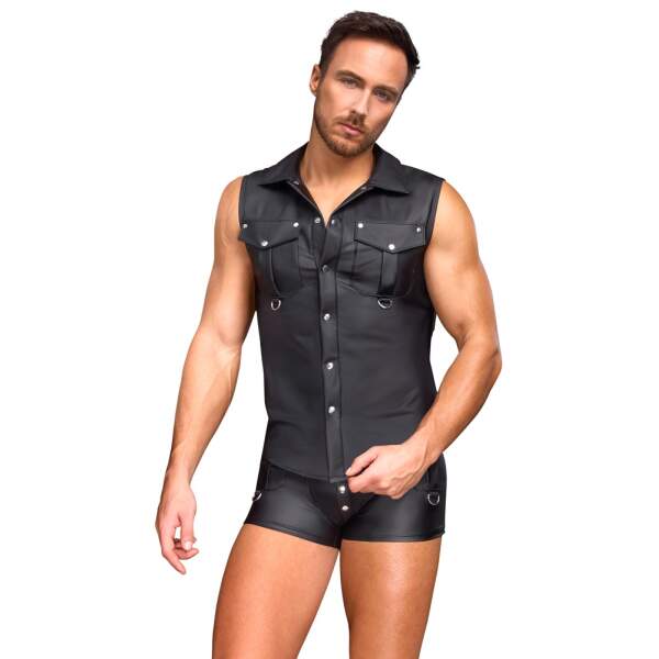 Nek - Shirt - Stretchy - Drukknopen - Zakken - Wetlook - Zwart - Afbeelding 5