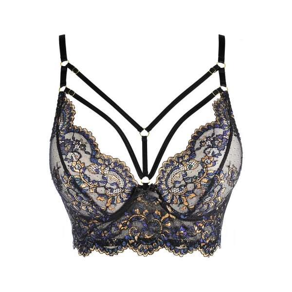 Axami - Valley of Sensations - Kanten BH met Straps - Goud met Blauw Accent - Zwart - Afbeelding 4