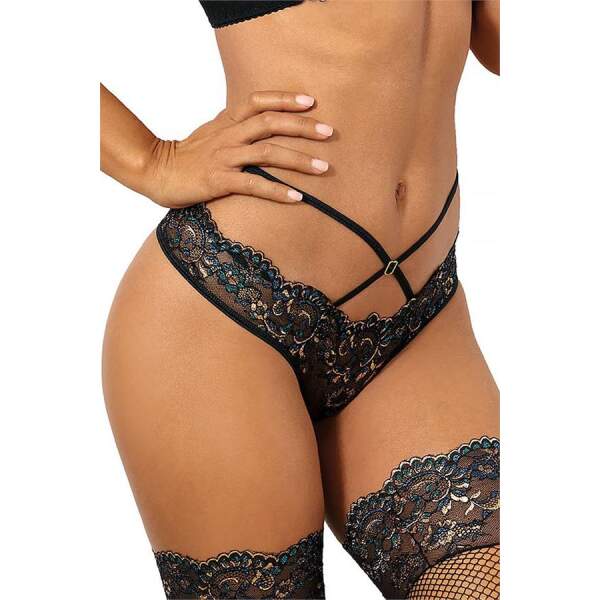 Axami - Valley of Sensations - Kanten String met Straps - Goud met Blauw accent - Zwart