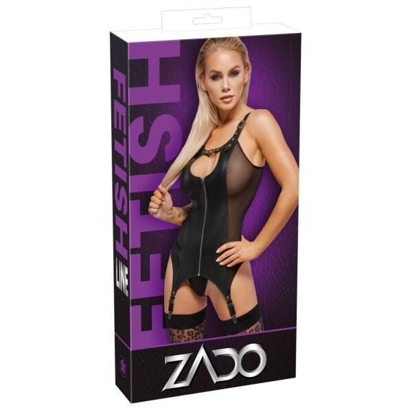 Zado - Fetish Line - Bustier - Jarretels - Gaas Inzet - Echt Leer - Zwart - Afbeelding 6