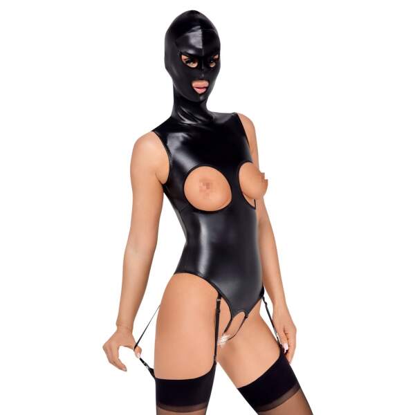 Bad Kitty - Body met Vast Hoofdmasker - Open Cups - Open Kruis - Jarretelles - PU-leer - Zwart - Afbeelding 4