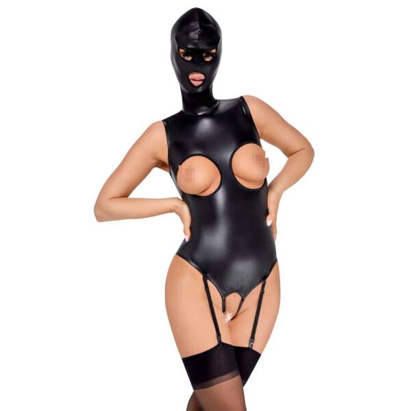 Bad Kitty - Body met Vast Hoofdmasker - Open Cups - Open Kruis - Jarretelles - PU-leer - Zwart
