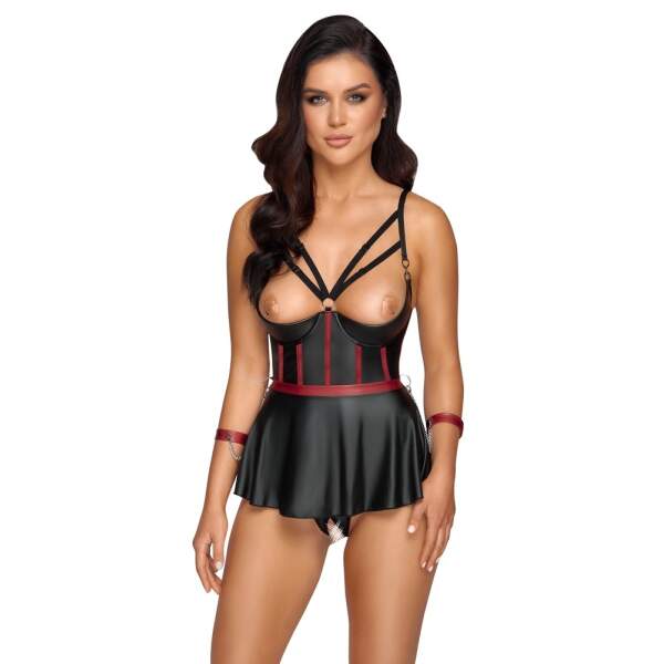 Cottelli Collection - Bondage Corset Jurkje - Halve Cup - Rokje - String - Wetlook - Zwart - Afbeelding 3