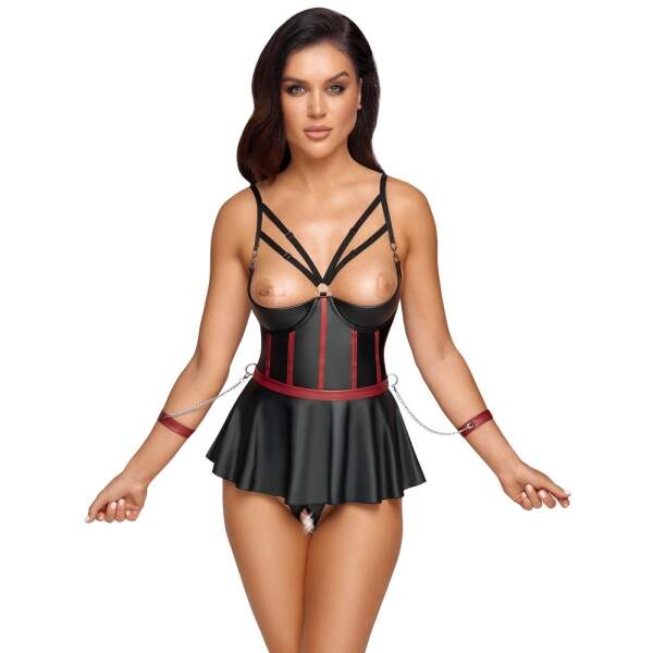Cottelli Collection - Bondage Corset Jurkje - Halve Cup - Rokje - String - Wetlook - Zwart