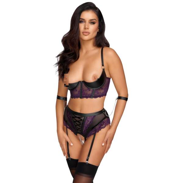 Cottelli Collection - Bondage Jarretelelset - 3-delig - Open Cup BH - Kruisloze Jarretelslip - Handboeien - Kant - Wetlook - Zwart - Afbeelding 5