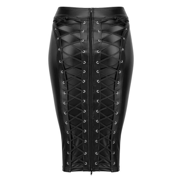 Noir Handmade Wetlook Pencil Skirt met Vetersluitingen - Afbeelding 3