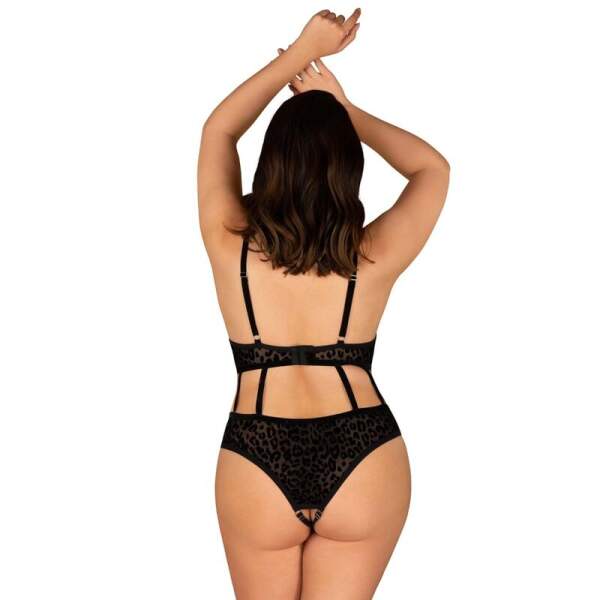 Obsessive - Jagueria Body - Open Cup - Open Kruis - Flockprint - Gaas - Plus Size - Zwart - Afbeelding 2