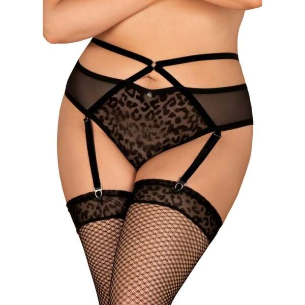 Obsessive - Jagueria Jarretelgordel met Open Kruis - Flockprint - Gaas - Plus Size - Zwart - Afbeelding 4