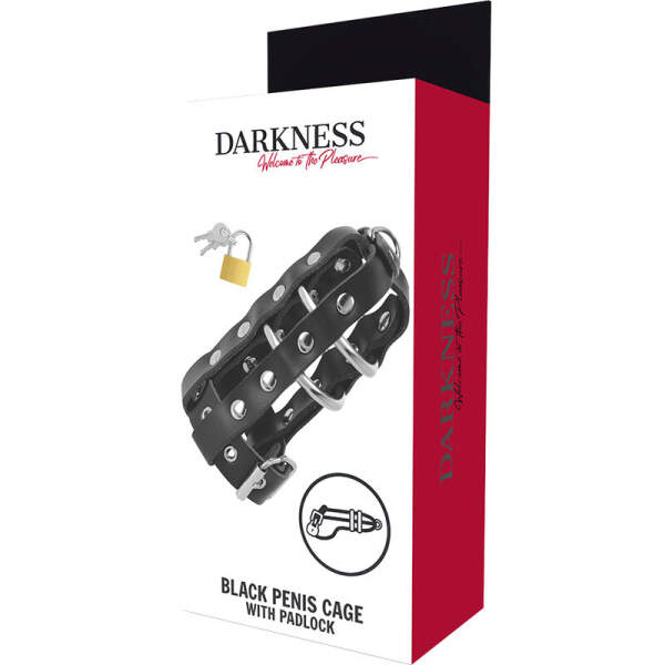 Darkness - Cock Cage - Kuisheidsgordel - 2 Ringen - Met Slot - BDSM - Verstelbaar - PU-Leer - Zwart - Afbeelding 4