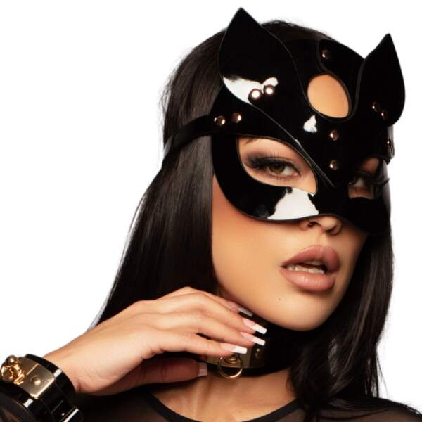 Kinky Diva - Cat Mask - Deluxe - Lak - Verstelbaar - Zwart - Goud - Afbeelding 2