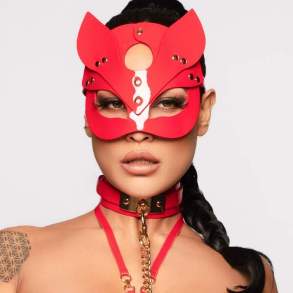 Kinky Diva - Cat Mask - Deluxe - Lak - Verstelbaar - Rood - Goud - Afbeelding 3