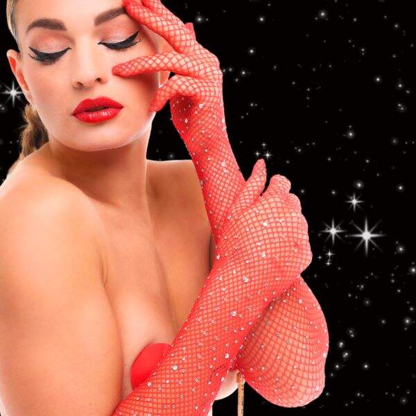 Kinky Diva - Starlet Gloves - Handschoenen - Strass - Rood - Afbeelding 4