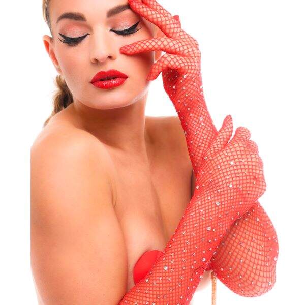 Kinky Diva - Starlet Gloves - Handschoenen - Strass - Rood - Afbeelding 2