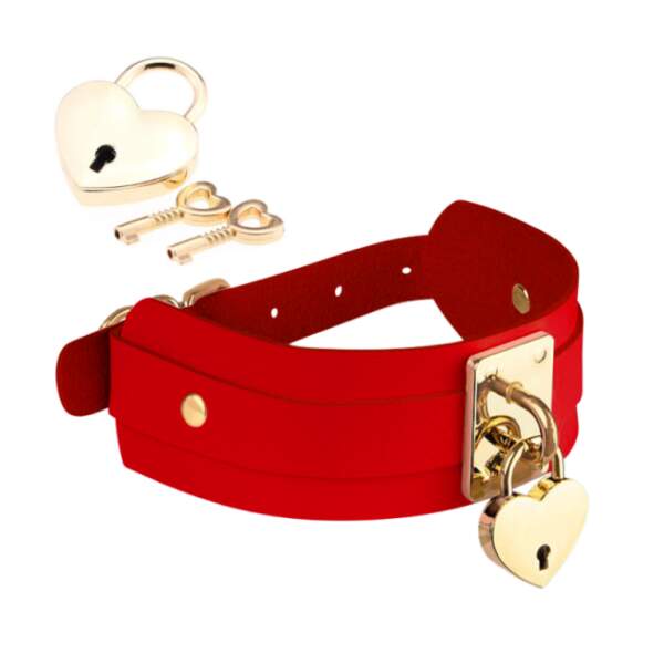 Kinky Diva - Collar Heart Lock - Choker - BDSM - PU Leer - Goud - Rood - Afbeelding 4