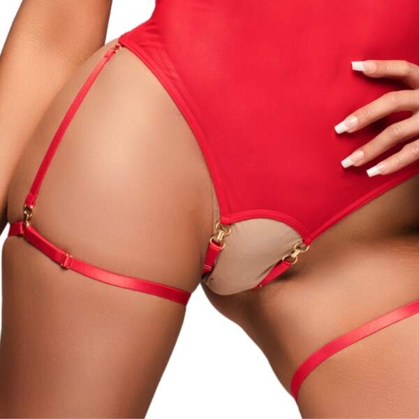 Kinky Diva - Risque - Body - Cuploos - Kruisloos - Beenstraps - Gaas - Gouden Accenten - Rood - Afbeelding 4