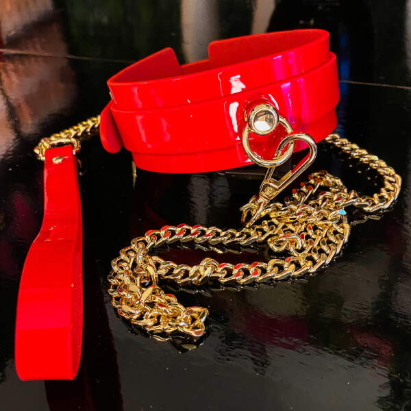 Kinky Diva - Collar & Leash - Choker met Riem - BDSM - Lak - Rood - Goud - Afbeelding 2