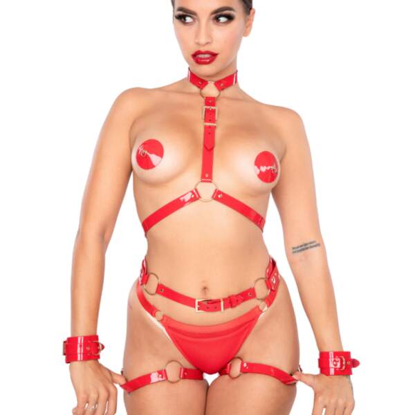 Kinky Diva - Body Harnas - Lak - Rose Goud - Rood