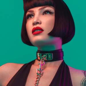 Kinky Diva - Vegas Sinners - Zwarte PU-leren Collar met O-ring en Gouden Leash