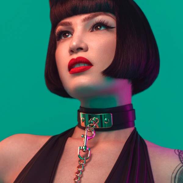 Kinky Diva - Vegas Sinners - Zwarte PU-leren Collar met O-ring en Gouden Leash