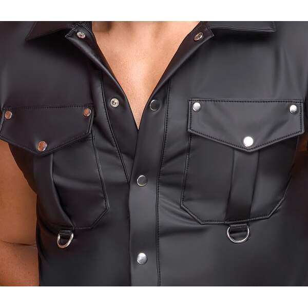 Nek - Shirt - Stretchy - Drukknopen - Zakken - Wetlook - Zwart - Afbeelding 3