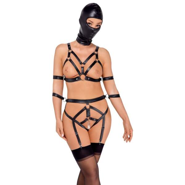 Bad Kitty - Harnas Set - Arm Straps - Masker - Elastisch Wetlook - Zwart - Afbeelding 4