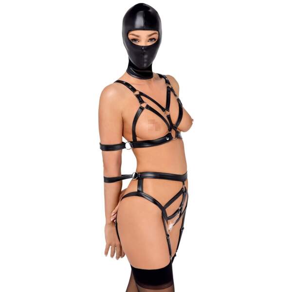 Bad Kitty - Harnas Set - Arm Straps - Masker - Elastisch Wetlook - Zwart