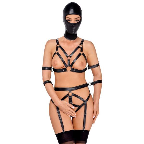Bad Kitty - Harnas Set - Arm Straps - Masker - Elastisch Wetlook - Zwart - Afbeelding 2