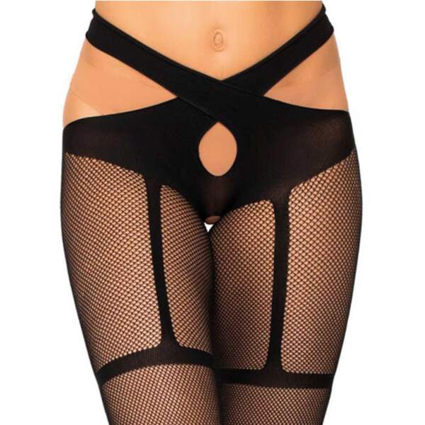 Leg Avenue - Visnet Panty - Wikkel Taille - Open Kruis - Zwart - Afbeelding 3