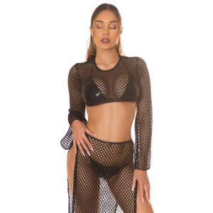 Koucla - Crop Top - Beach - Lange Mouw - Grove Visnet - Zwart Maat L/XL