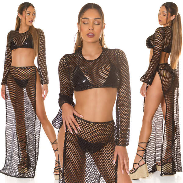 Koucla - Crop Top - Beach - Lange Mouw - Grove Visnet - Zwart Maat L/XL - Afbeelding 2