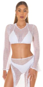 Koucla - Crop Top - Beach - Lange Mouw - Grove Visnet - Wit
