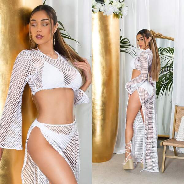 Koucla - Crop Top - Beach - Lange Mouw - Grove Visnet - Wit - Afbeelding 2