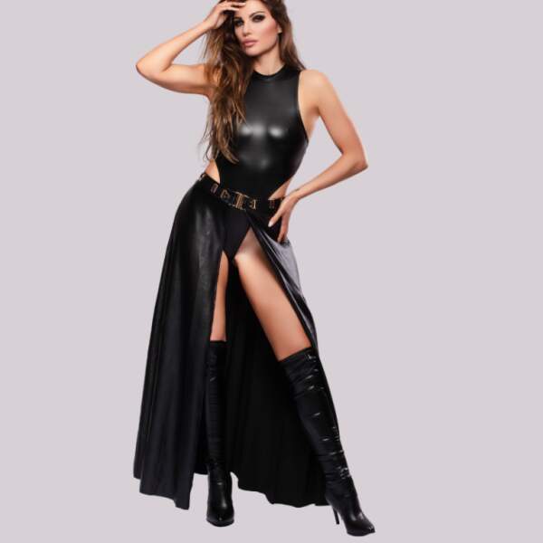 Kinky Diva - Vampress Skirt - Openvallende Rok - Gouden Accenten - Wetlook - Zwart Maat S - Afbeelding 2