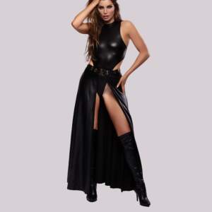 Kinky Diva - Vampress Skirt - Openvallende Rok - Gouden Accenten - Wetlook - Zwart Maat S